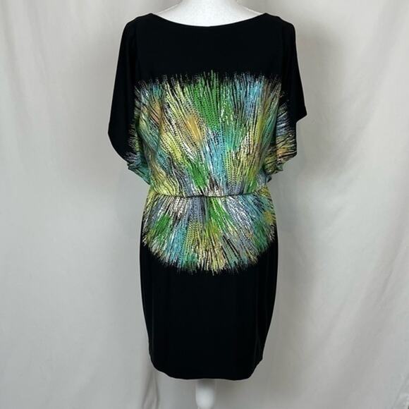 Maggy London Black W Bold Starburst Print Blouson Dress NWOT Size 6 - Picture 5 of 9